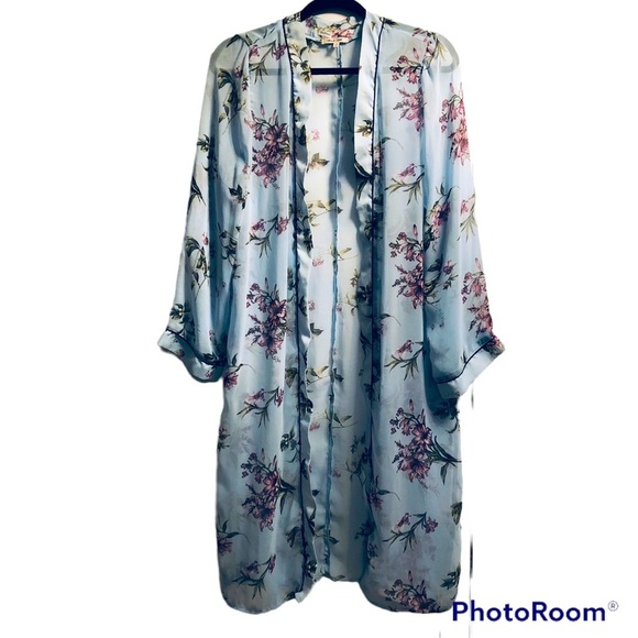Baby Blue Pink Green Floral Open Front Robe Kimono Size M - Picture 1 of 6